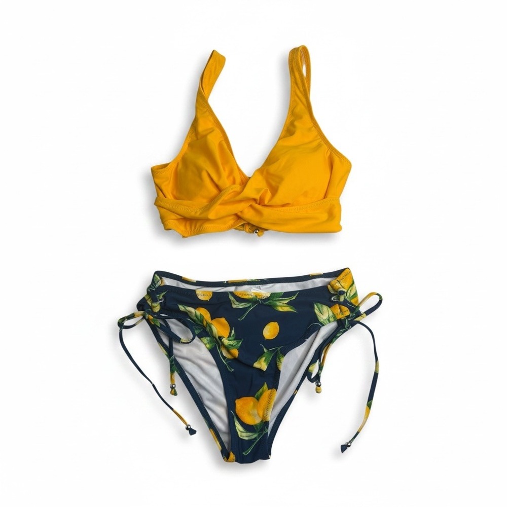 Cupshe NWT Yellow Lemon Print Bikini Top & Side Tie Bottom Set Large L